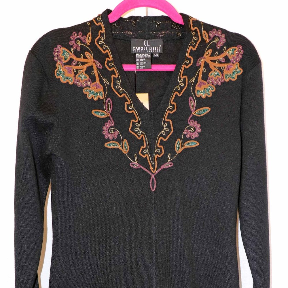 Vintage Carole Little Balck Embroidered V-Neck L/S Sweaterdress Size PS NWD